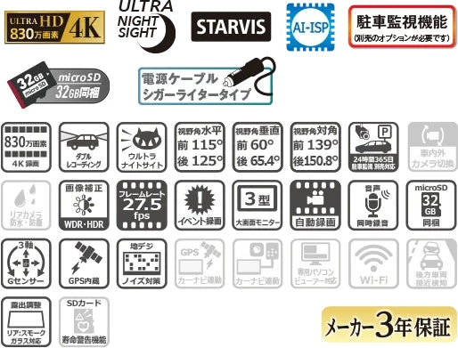 前後2カメラ 高精細4K 830万画素 ドライブレコーダーユニット VREC-DZ810D