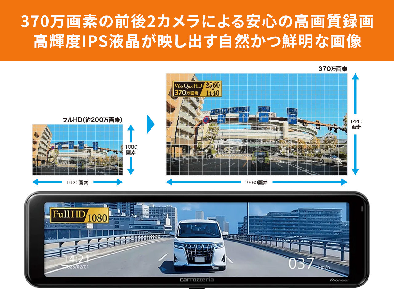 前後2カメラ 370万画素高画質 デジタルミラー型ドライブレコーダーユニット VREC-MS700D