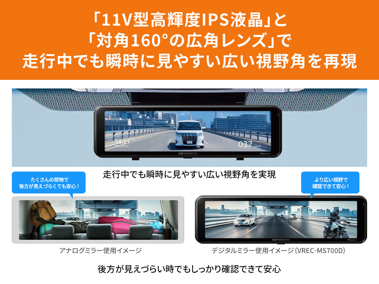前後2カメラ 370万画素高画質 デジタルミラー型ドライブレコーダーユニット VREC-MS700D