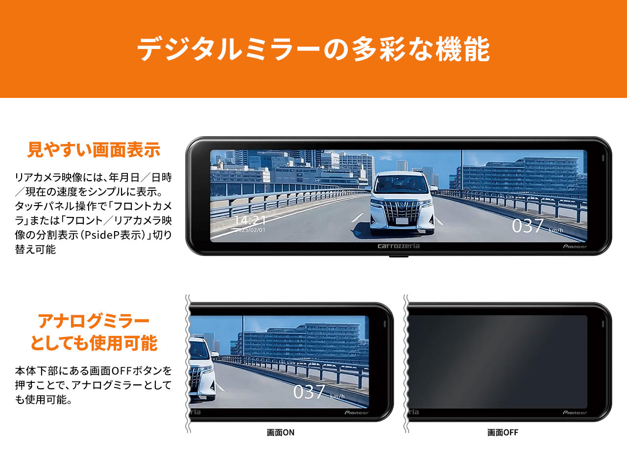 前後2カメラ 370万画素高画質 デジタルミラー型ドライブレコーダーユニット VREC-MS700D