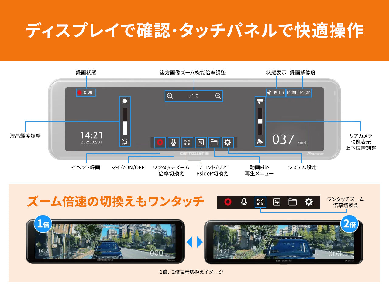 前後2カメラ 370万画素高画質 デジタルミラー型ドライブレコーダーユニット VREC-MS700D