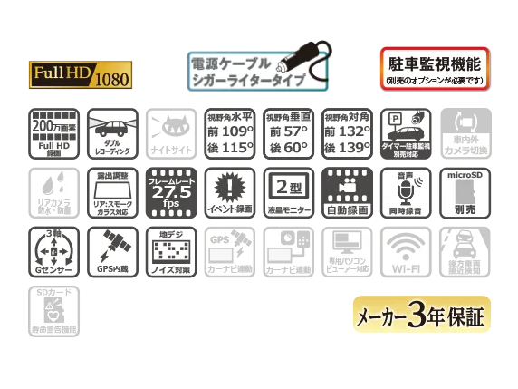 前後2カメラ フルHD高画質 ドライブレコーダーユニット VREC-DZ210DII