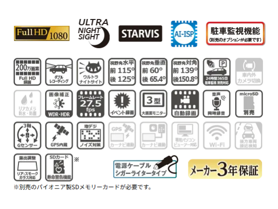 前後2カメラ フルHD高画質 夜間に強い ドライブレコーダーユニット VREC-DZ410DII
