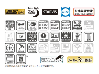 前後2カメラ フルHD高画質 夜間に強い ドライブレコーダーユニット VREC-DZ410DII