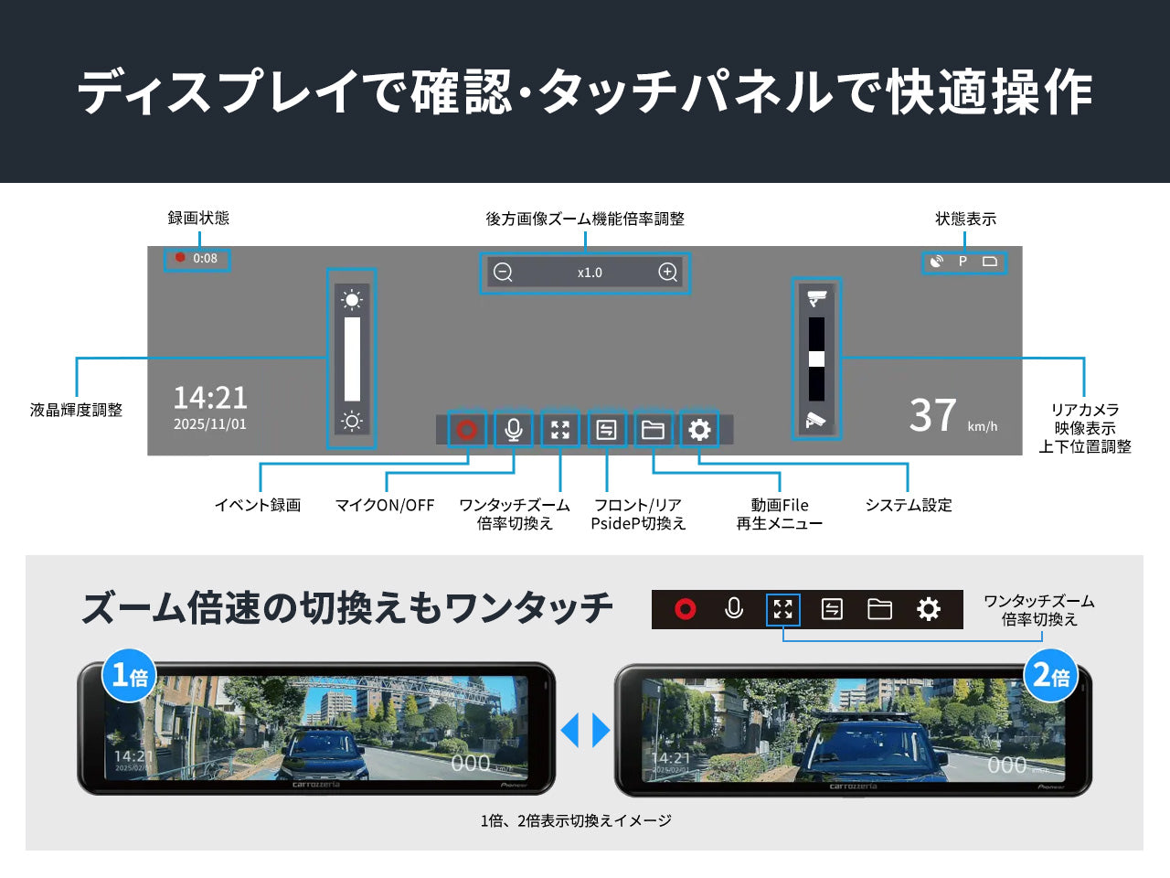 前後2カメラ 200万画素フルHD デジタルミラー型ドライブレコーダーユニット VREC-MZ300D